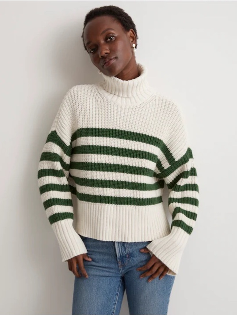 Madewell Cream & Green Striped Turtleneck Sweater
